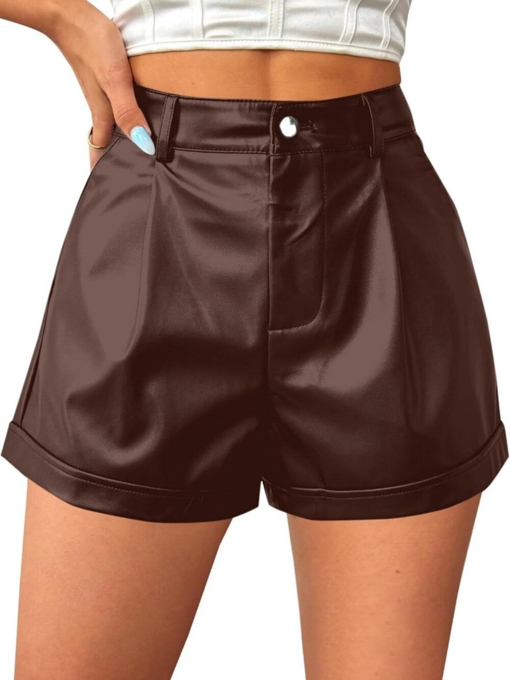High-Waisted Faux Leather Pleated Shorts for Women with Pockets - Trendy Style